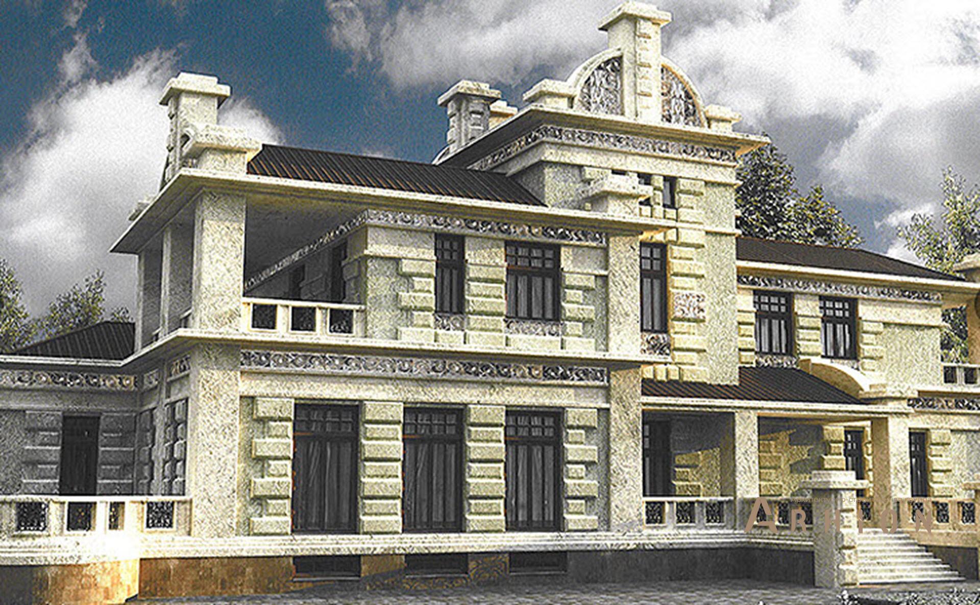 7. Проект двухэтажного дома в замковом стиле с многоскатной кровлей, SOV-8, площадью - 1141 кв c цокольным этажом, терассой, балконом